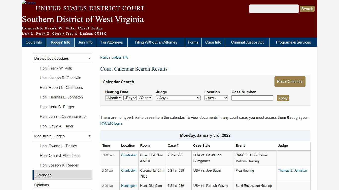 Court Calendar Search Results Southern District of West Virginia United States District Court